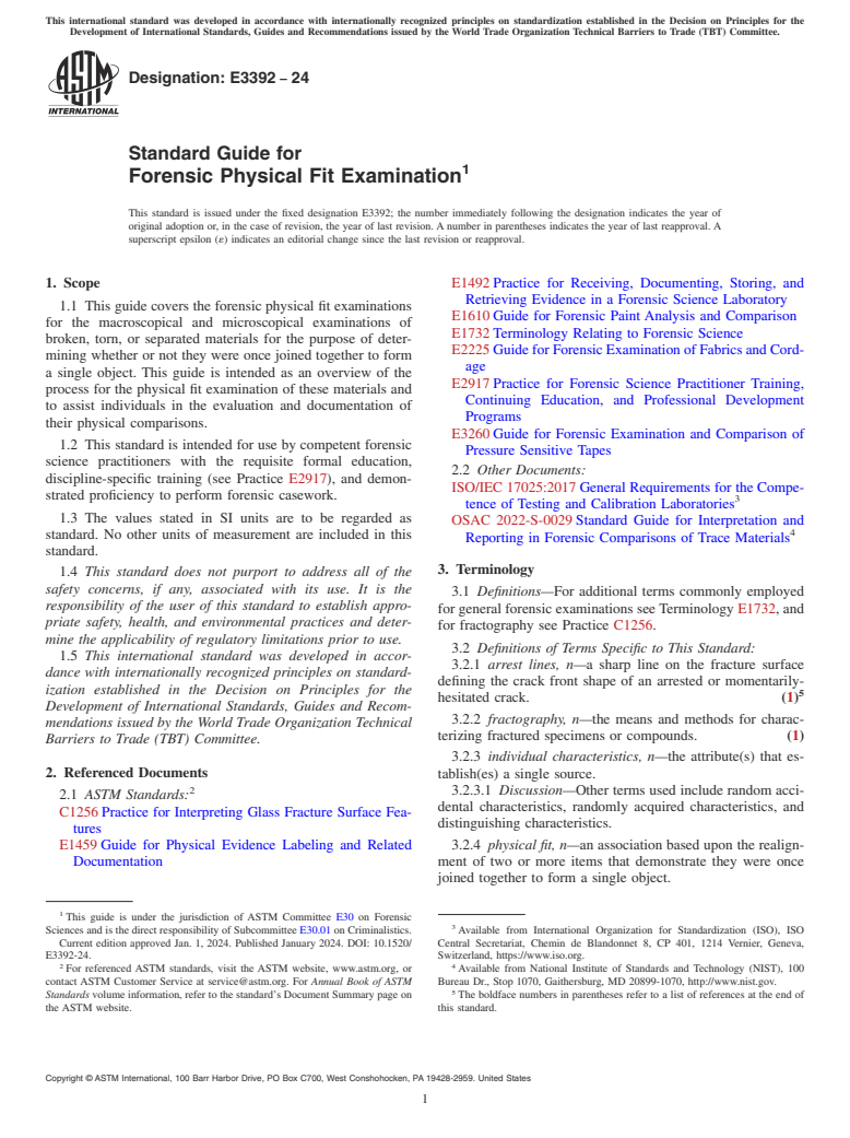 ASTM E3392-24 - Standard Guide for Forensic Physical Fit Examination