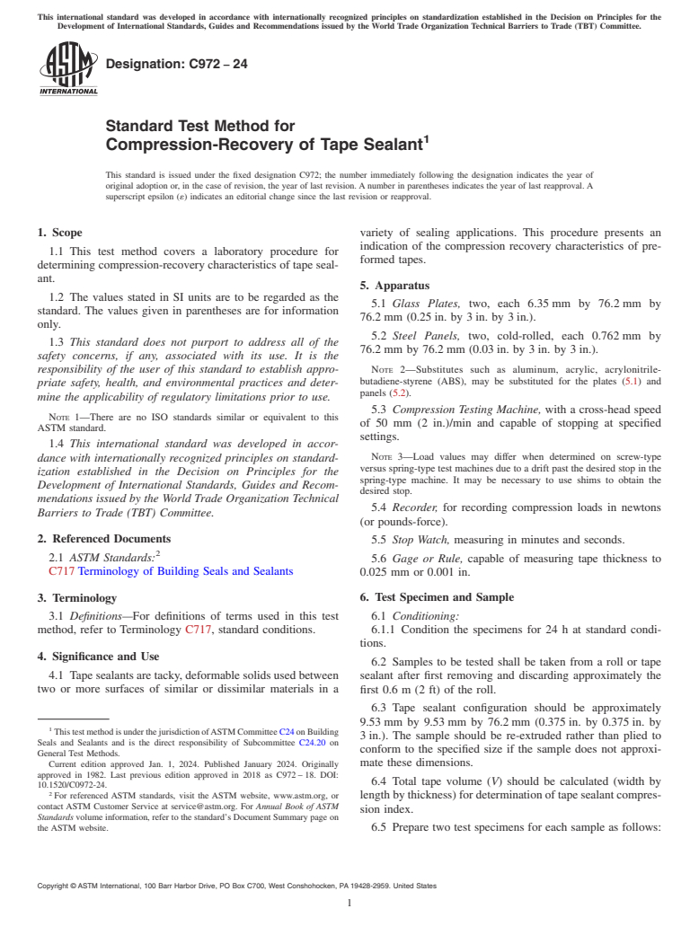 ASTM C972-24 - Standard Test Method for  Compression-Recovery of Tape Sealant