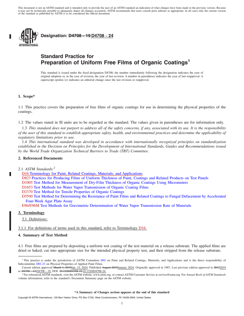 REDLINE ASTM D4708-24 - Standard Practice for Preparation of Uniform Free Films of Organic Coatings