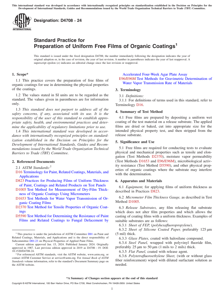ASTM D4708-24 - Standard Practice for Preparation of Uniform Free Films of Organic Coatings