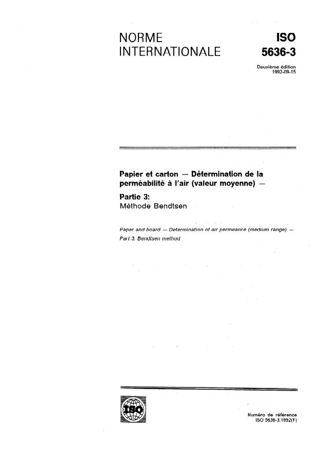 ISO 5636-3:1992 - Papier et carton -- Détermination de la perméabilité a l'air (valeur moyenne)