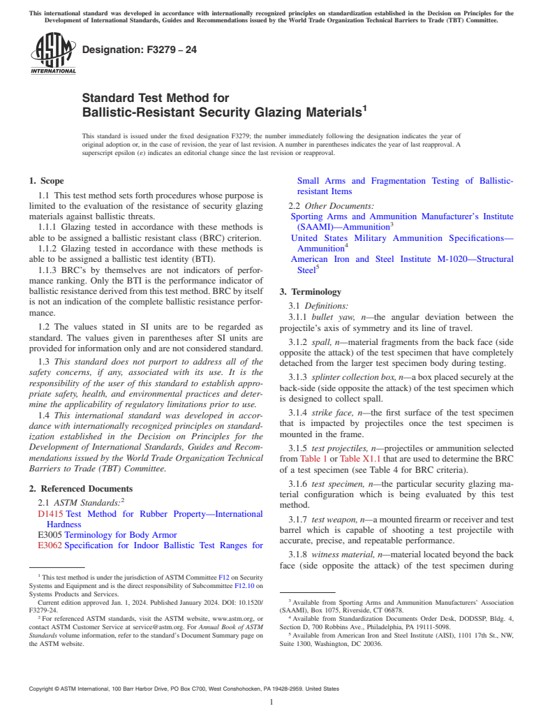ASTM F3279-24 - Standard Test Method for Ballistic-Resistant Security Glazing Materials