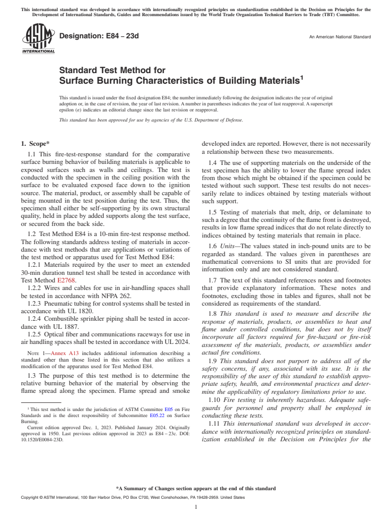 ASTM E84-23d - Standard Test Method for  Surface Burning Characteristics of Building Materials