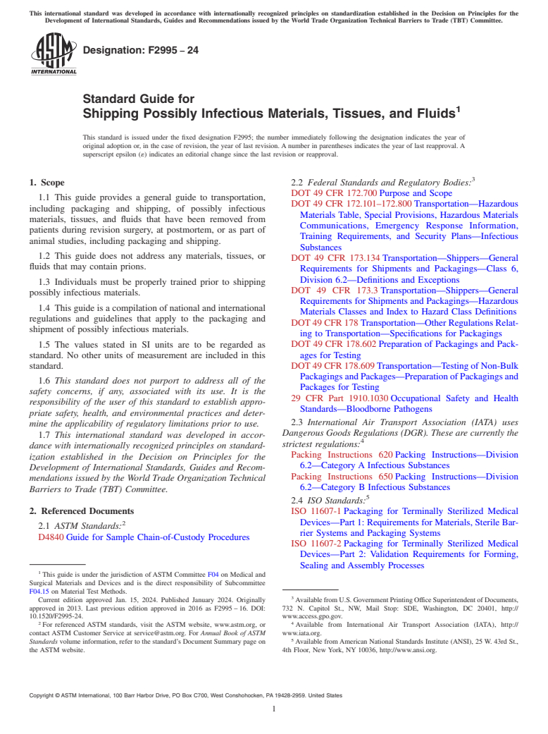 ASTM F2995-24 - Standard Guide for Shipping Possibly Infectious Materials, Tissues, and Fluids