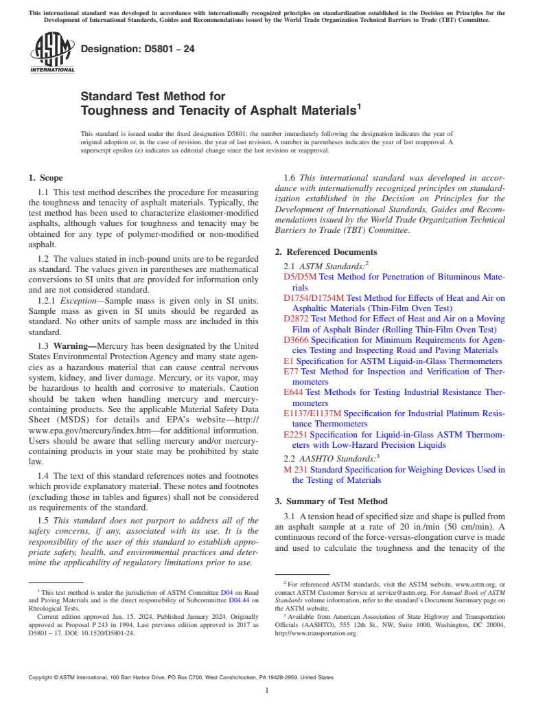 ASTM D5801-24 - Standard Test Method for  Toughness and Tenacity of Asphalt Materials