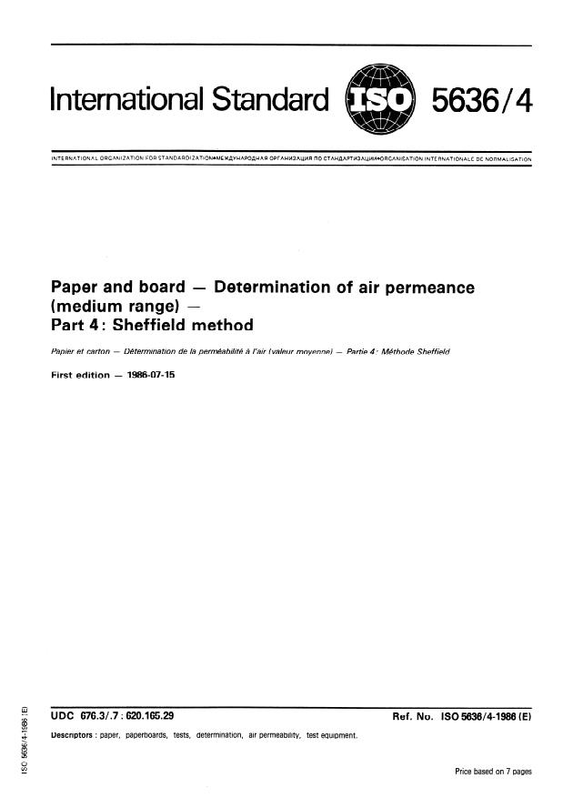 ISO 5636-4:1986 - Paper and board -- Determination of air permeance (medium range)
