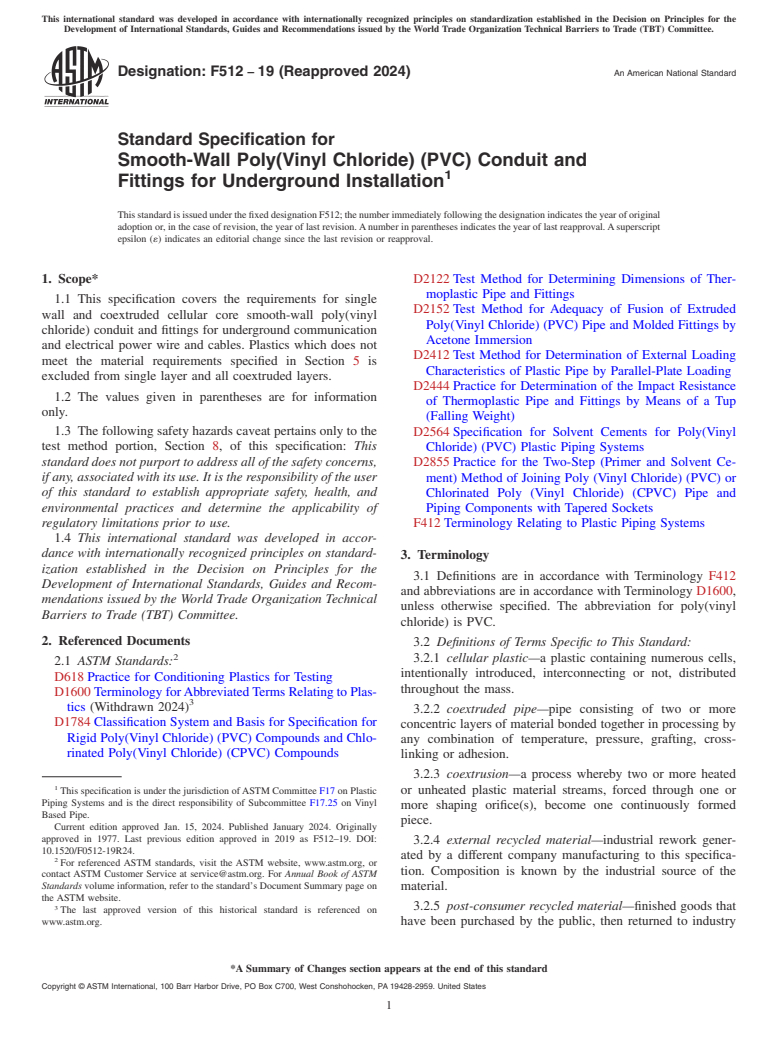 ASTM F512-19(2024) - Standard Specification for  Smooth-Wall Poly(Vinyl Chloride) (PVC) Conduit and Fittings   for Underground Installation