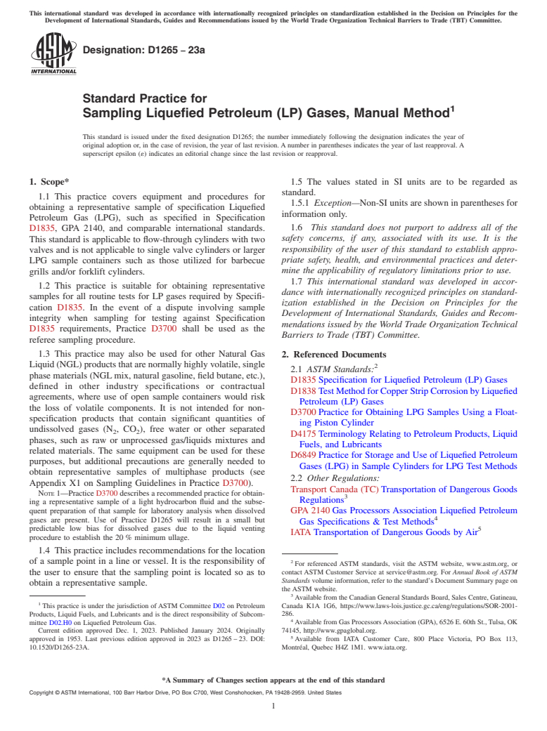 ASTM D1265-23a - Standard Practice for  Sampling Liquefied Petroleum (LP) Gases, Manual Method
