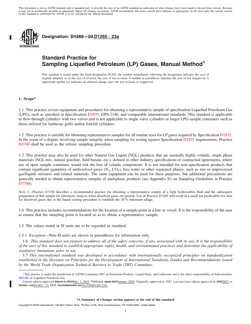 REDLINE ASTM D1265-23a - Standard Practice for  Sampling Liquefied Petroleum (LP) Gases, Manual Method
