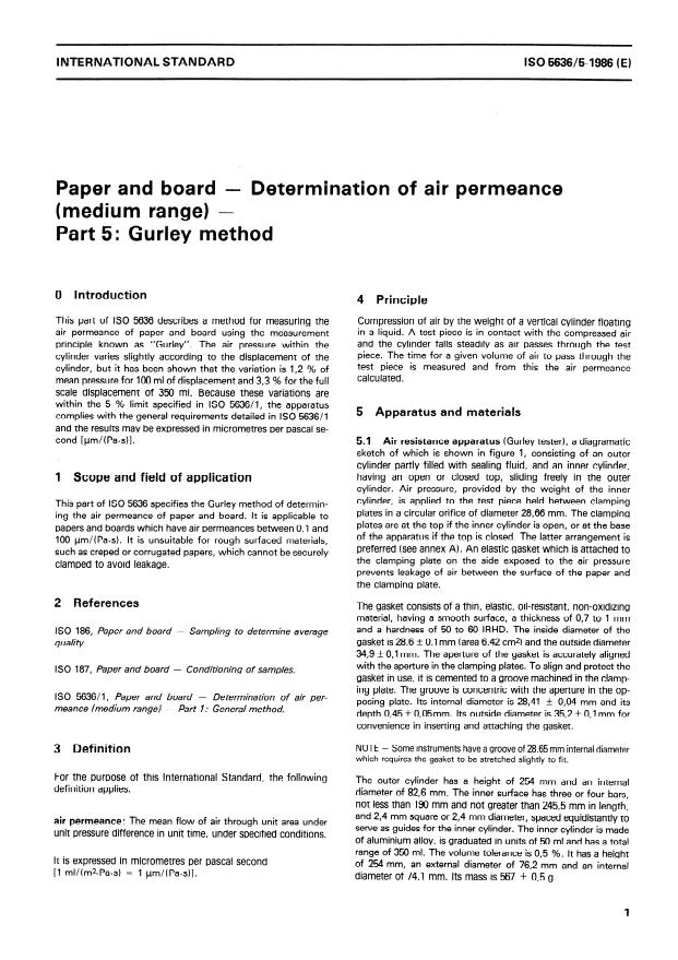 ISO 5636-5:1986 - Paper and board -- Determination of air permeance (medium range)