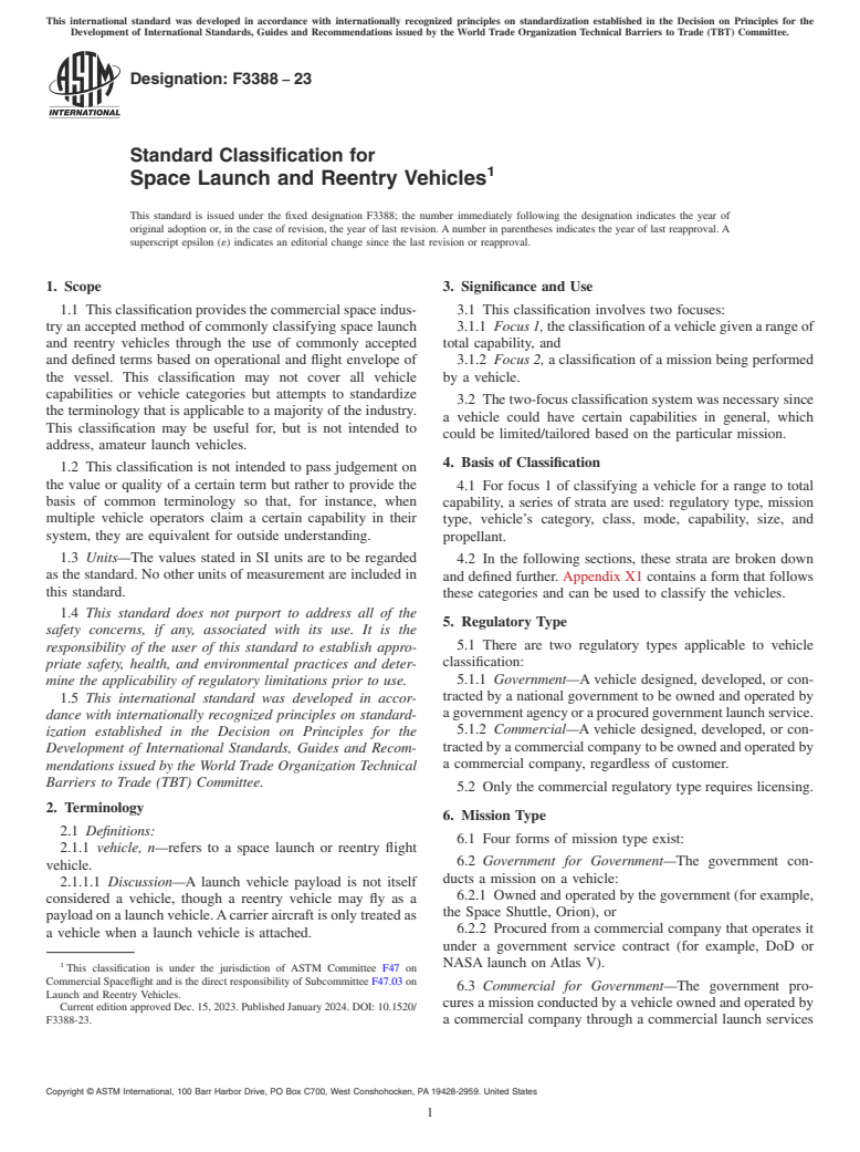 ASTM F3388-23 - Standard Classification for Space Launch and Reentry Vehicles