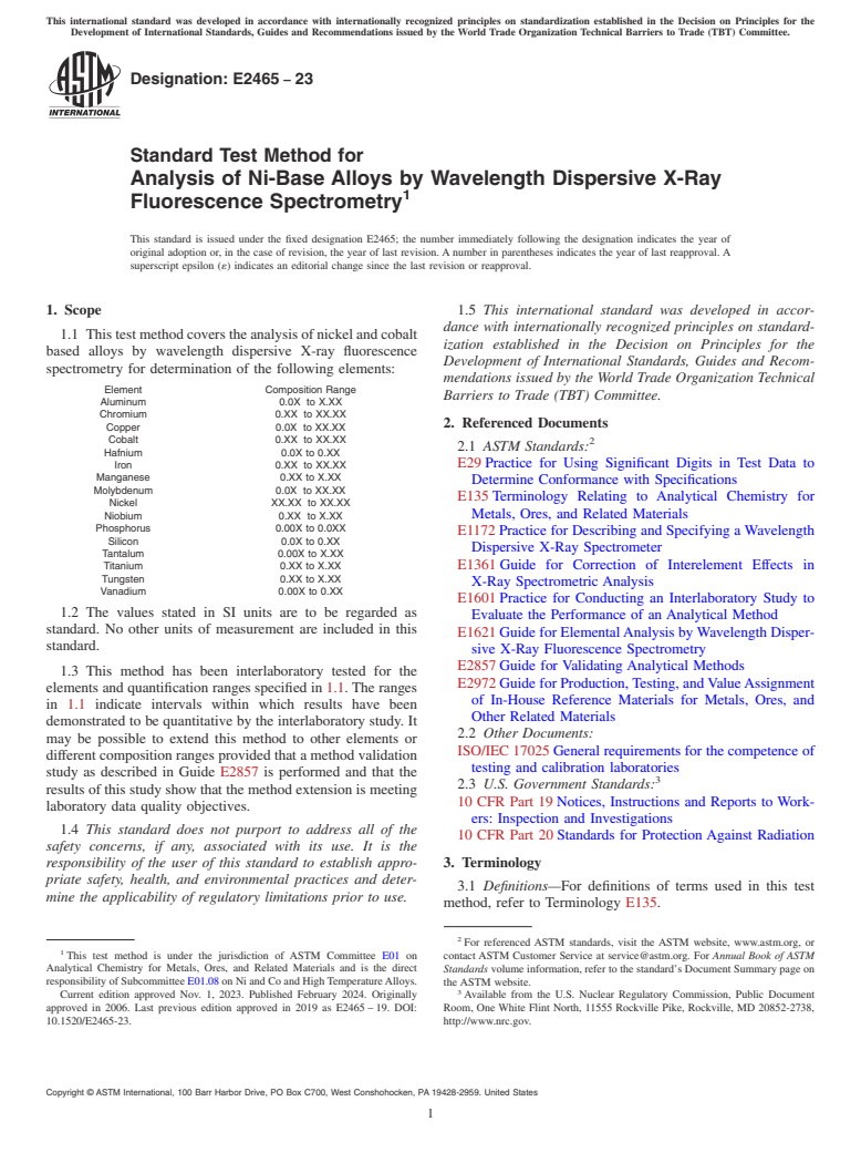 ASTM E2465-23 - Standard Test Method for  Analysis of Ni-Base Alloys by Wavelength Dispersive X-Ray Fluorescence  Spectrometry