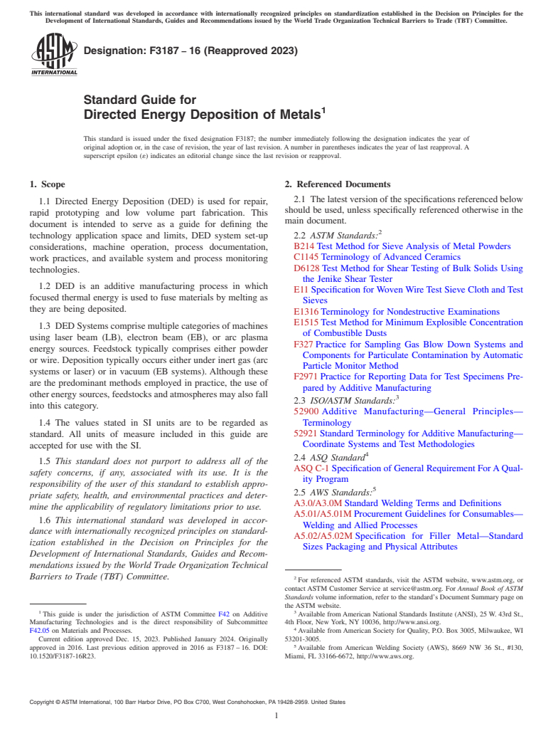 ASTM F3187-16(2023) - Standard Guide for Directed Energy Deposition of Metals