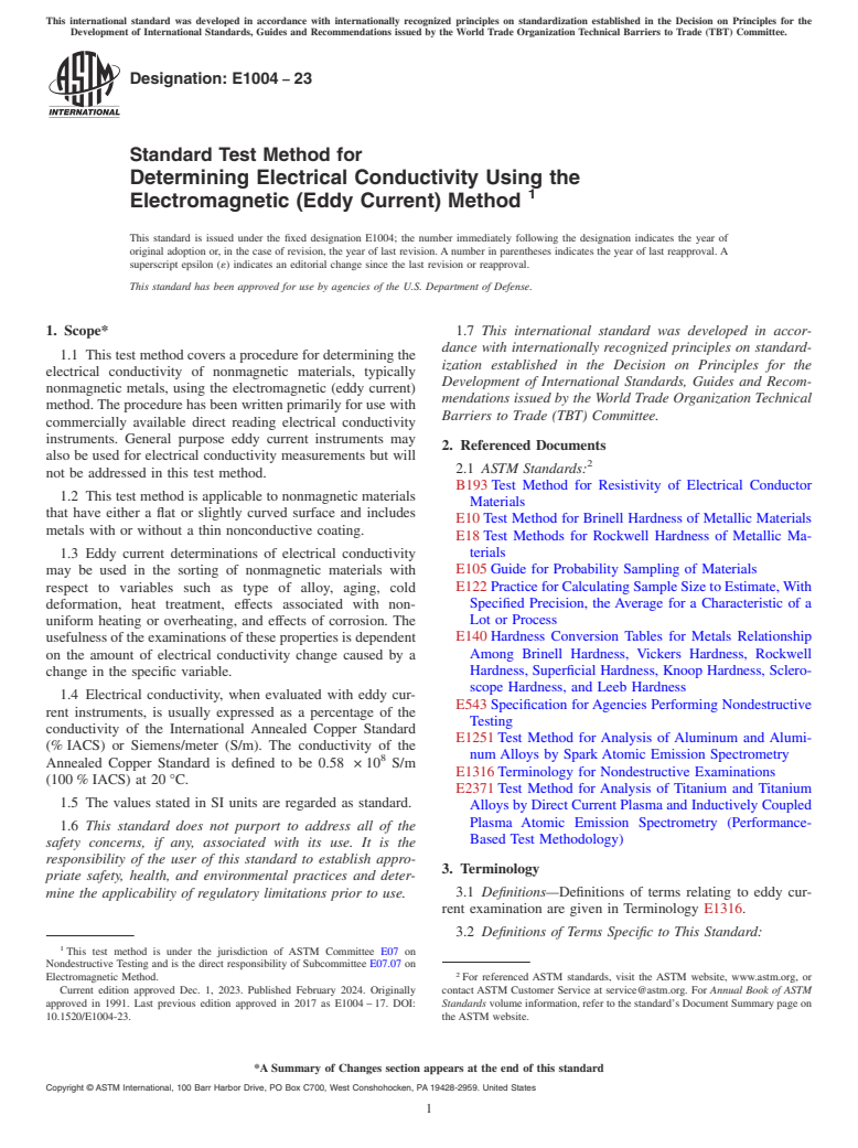 ASTM E1004-23 - Standard Test Method for  Determining Electrical Conductivity Using the Electromagnetic  (Eddy Current) Method