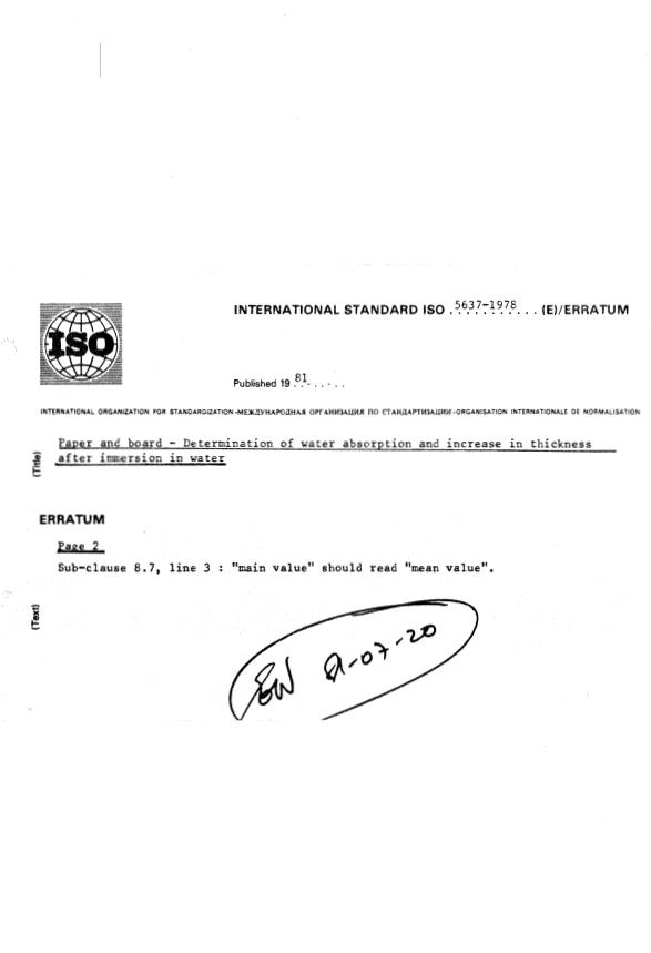 ISO 5637:1978 - Paper and board -- Determination of water absorption and increase in thickness after immersion in water