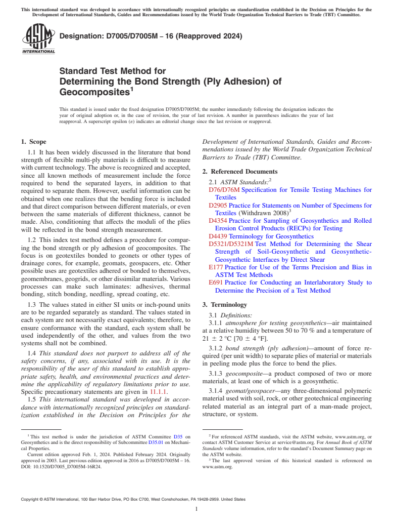 ASTM D7005/D7005M-16(2024) - Standard Test Method for Determining the Bond Strength (Ply Adhesion) of Geocomposites