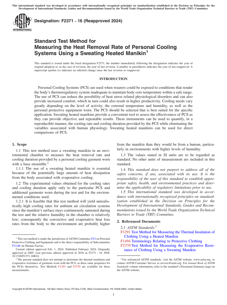 ASTM F2371-16(2024) - Standard Test Method for  Measuring the Heat Removal Rate of Personal Cooling Systems  Using a Sweating Heated Manikin
