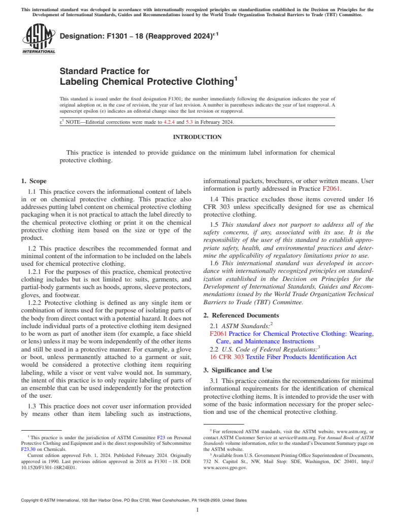 ASTM F1301-18(2024)e1 - Standard Practice for  Labeling Chemical Protective Clothing