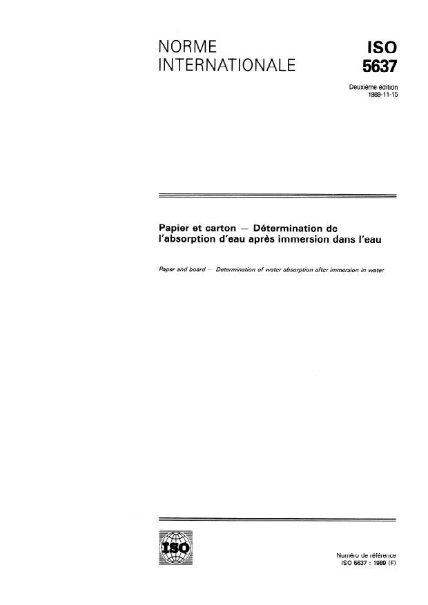 ISO 5637:1989 - Papier et carton -- Détermination de l'absorption d'eau apres immersion dans l'eau