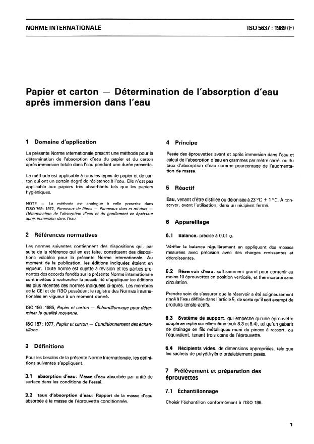 ISO 5637:1989 - Papier et carton -- Détermination de l'absorption d'eau apres immersion dans l'eau