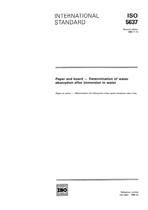 ISO 5637:1989 - Paper and board -- Determination of water absorption after immersion in water