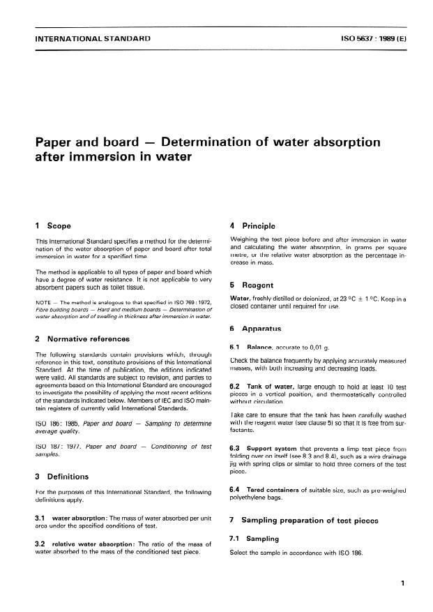 ISO 5637:1989 - Paper and board -- Determination of water absorption after immersion in water