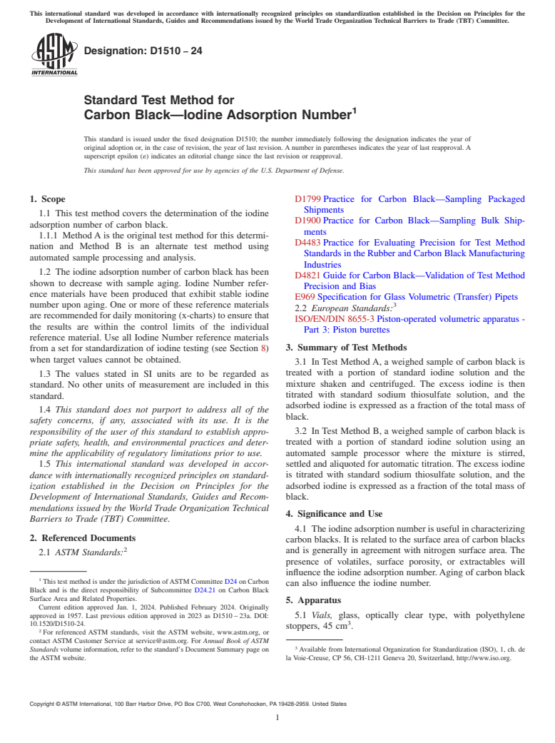 ASTM D1510-24 - Standard Test Method for  Carbon Black—Iodine Adsorption Number
