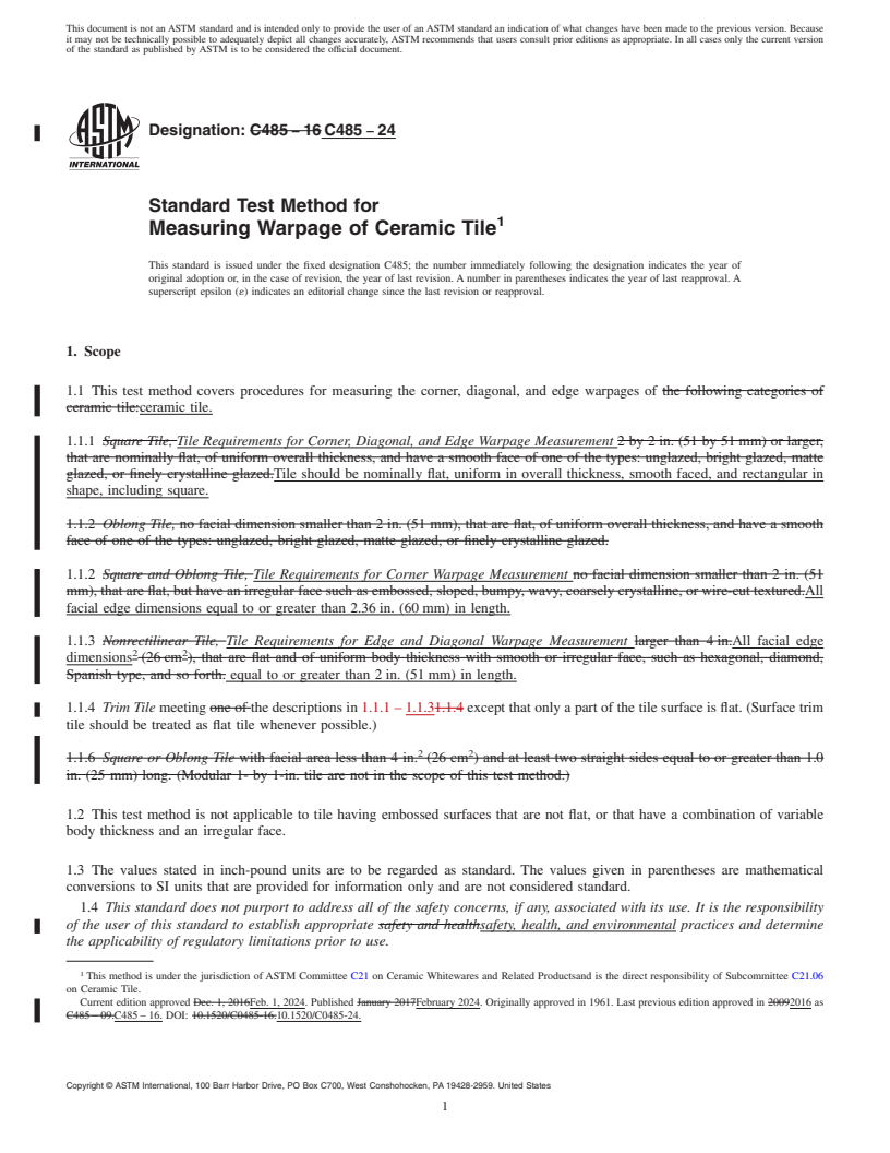 REDLINE ASTM C485-24 - Standard Test Method for  Measuring Warpage of Ceramic Tile