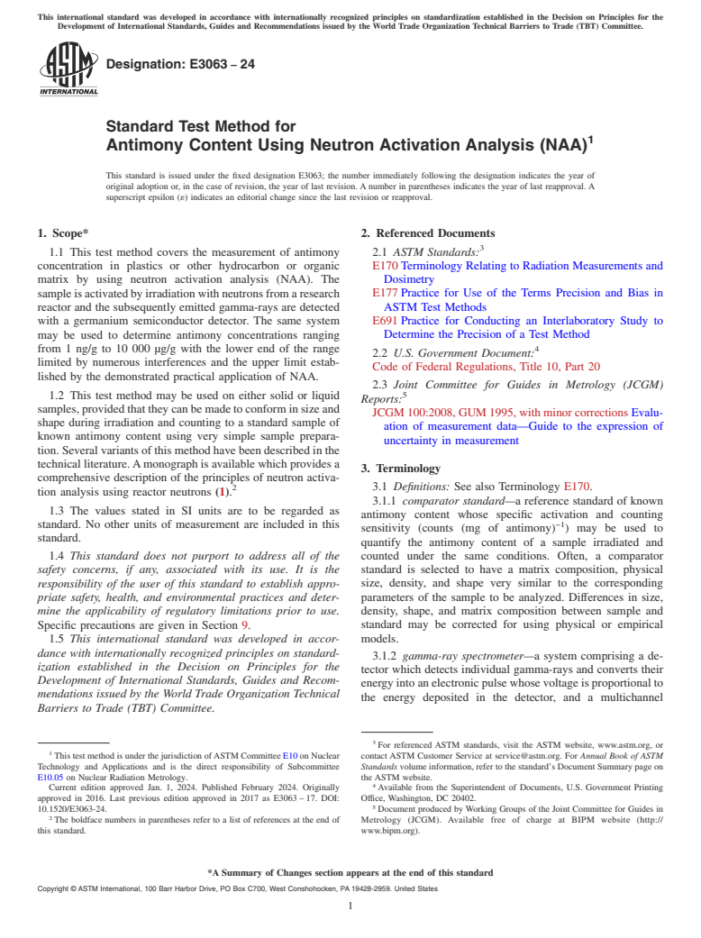 ASTM E3063-24 - Standard Test Method for Antimony Content Using Neutron Activation Analysis (NAA)