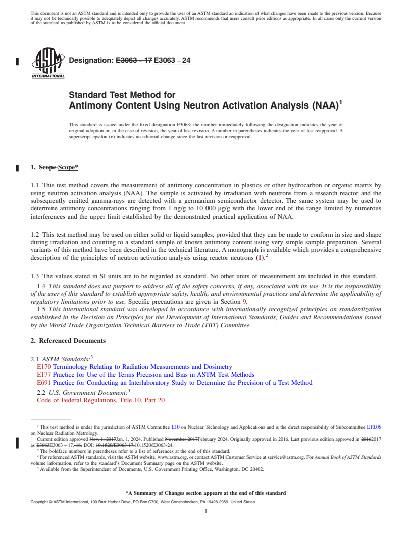 REDLINE ASTM E3063-24 - Standard Test Method for Antimony Content Using Neutron Activation Analysis (NAA)