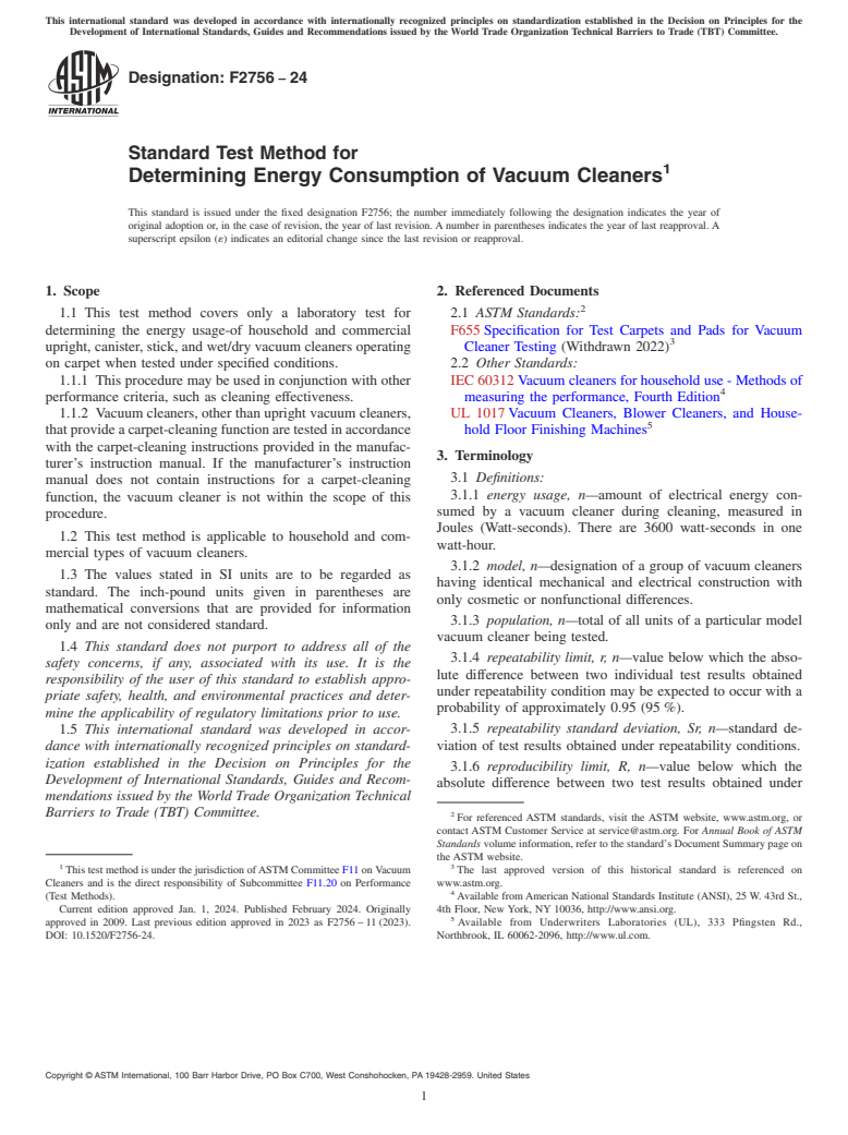 ASTM F2756-24 - Standard Test Method for  Determining Energy Consumption of Vacuum Cleaners