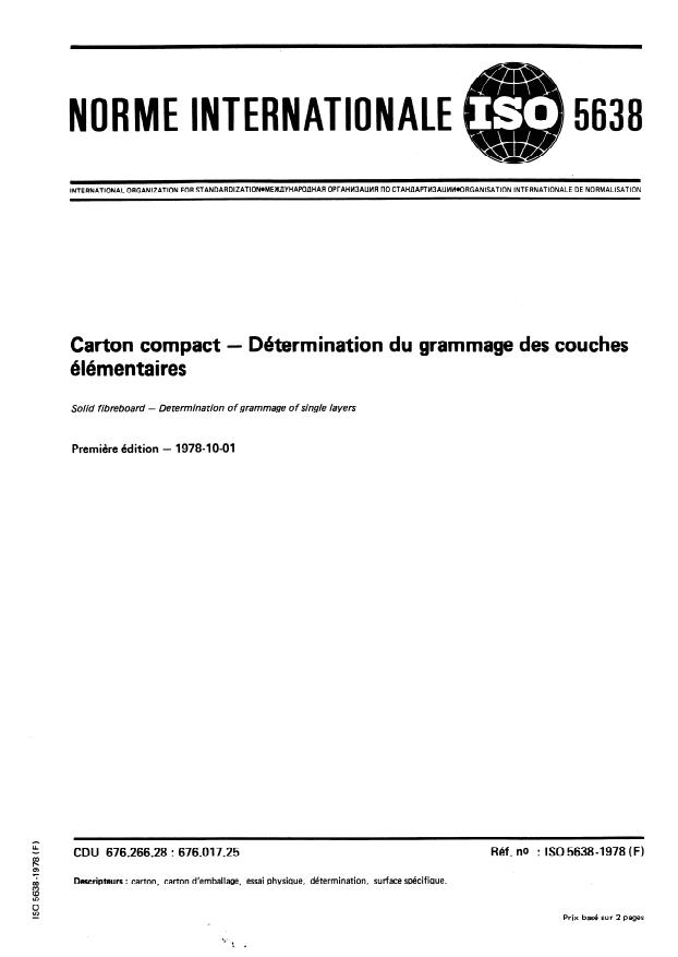 ISO 5638:1978 - Carton compact -- Détermination du grammage des couches élémentaires