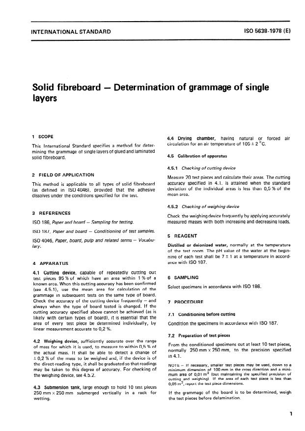 ISO 5638:1978 - Solid fibreboard -- Determination of grammage of single layers