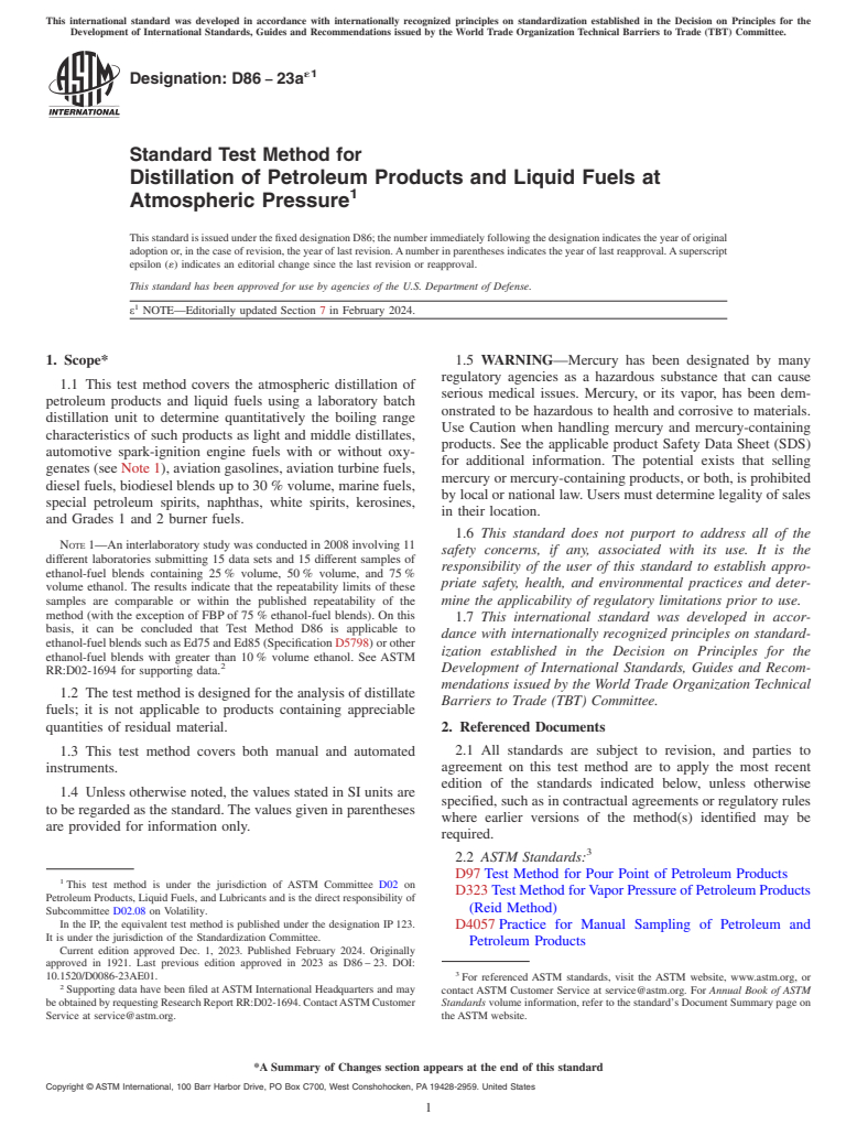 ASTM D86-23ae1 - Standard Test Method for Distillation of Petroleum Products and Liquid Fuels at Atmospheric  Pressure