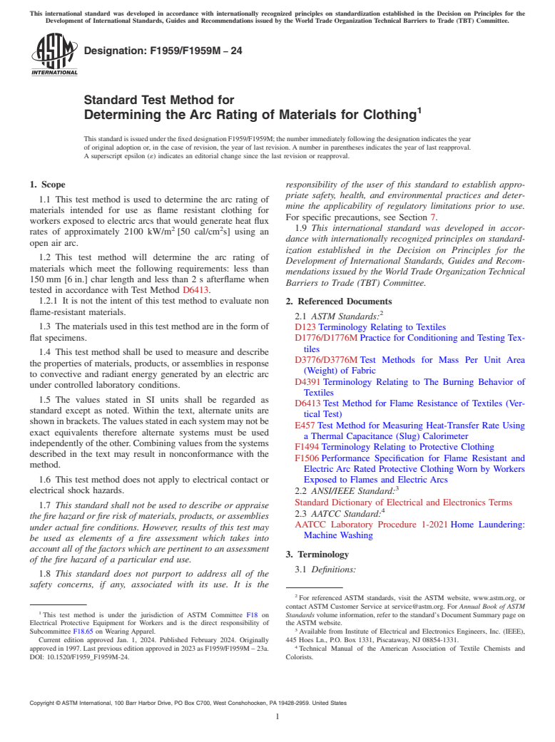ASTM F1959/F1959M-24 - Standard Test Method for  Determining the Arc Rating of Materials for Clothing