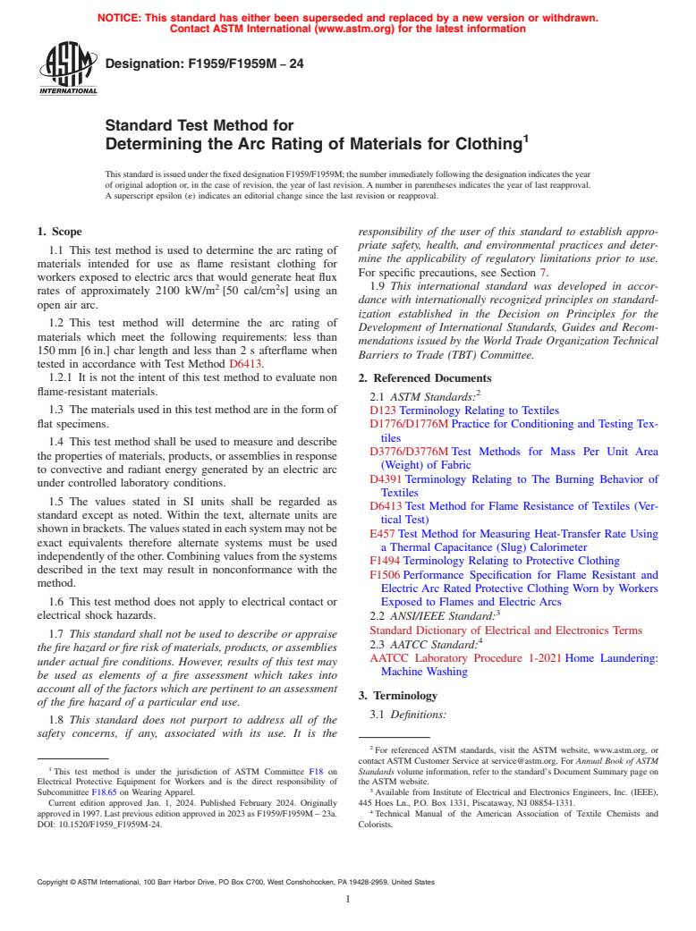 ASTM F1959/F1959M-24 - Standard Test Method for  Determining the Arc Rating of Materials for Clothing