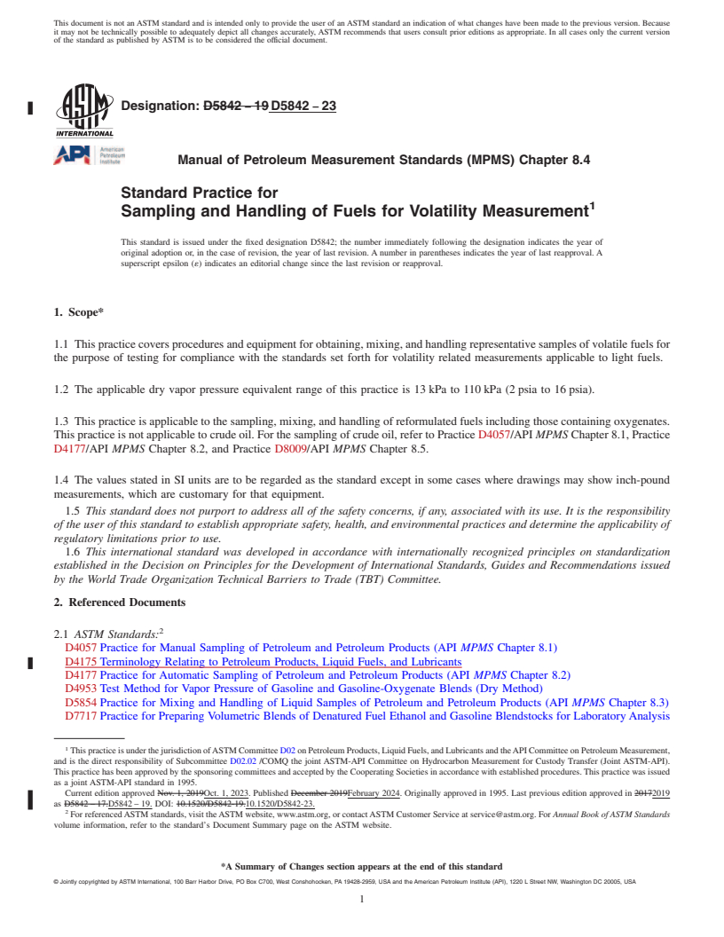 REDLINE ASTM D5842-23 - Standard Practice for Sampling and Handling of Fuels for Volatility Measurement