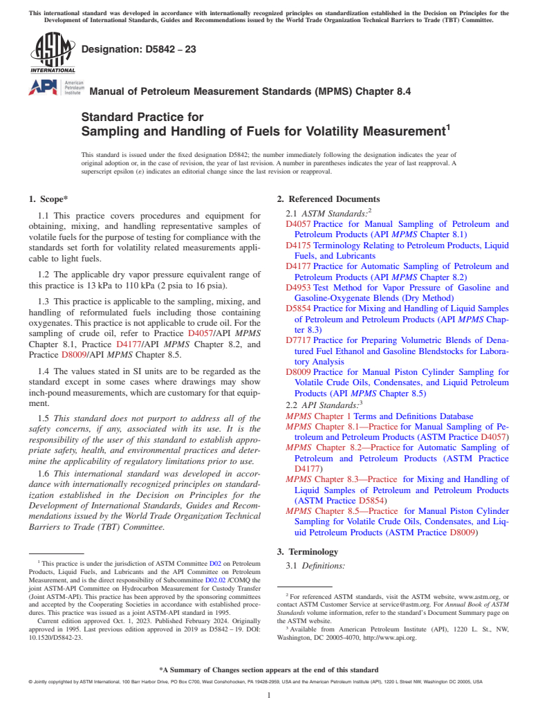 ASTM D5842-23 - Standard Practice for Sampling and Handling of Fuels for Volatility Measurement