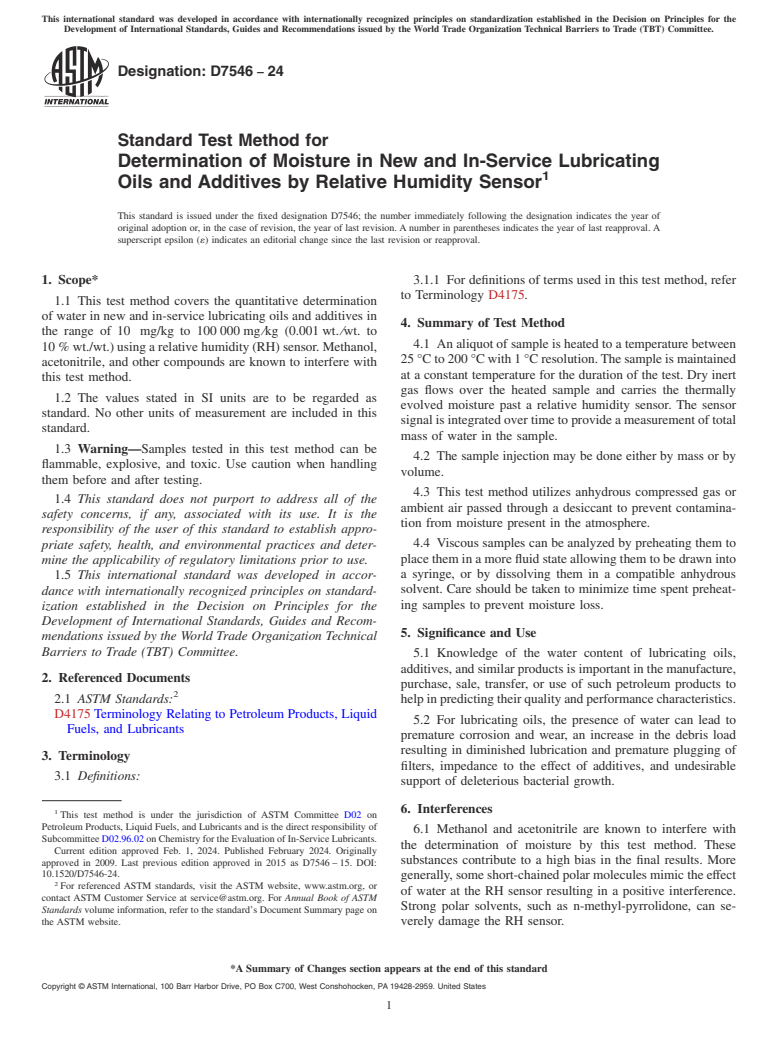 ASTM D7546-24 - Standard Test Method for  Determination of Moisture in New and In-Service Lubricating  Oils and Additives by Relative Humidity Sensor