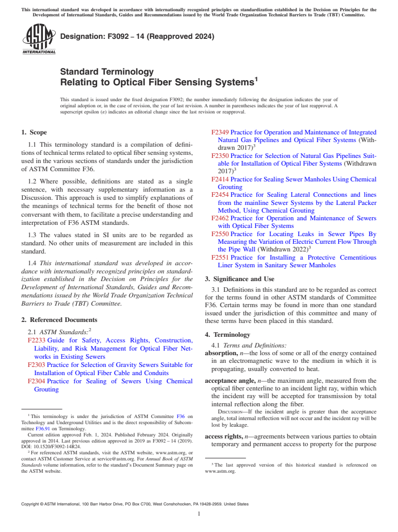ASTM F3092-14(2024) - Standard Terminology Relating to Optical Fiber Sensing Systems