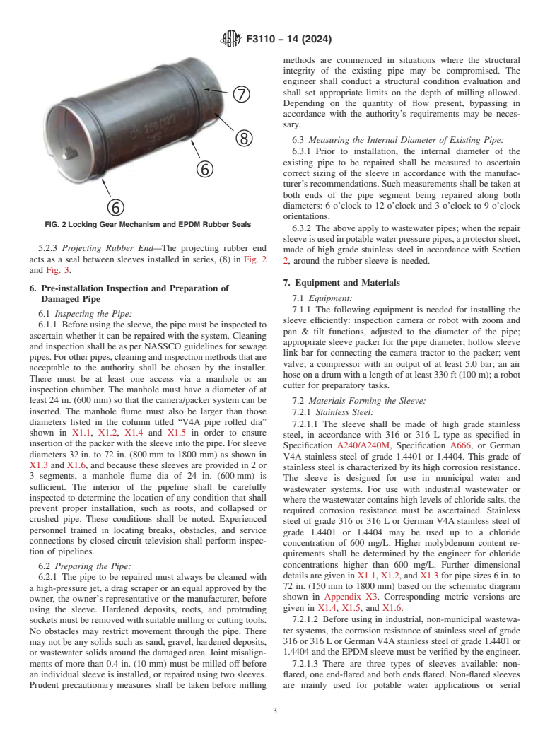 ASTM F3110-14(2024) - Standard Practice for Proper Use of Mechanical Trenchless Point Repair Sleeve with  Locking Gear Mechanism for Pipes of Varying Inner Diameter and Offset  Joints