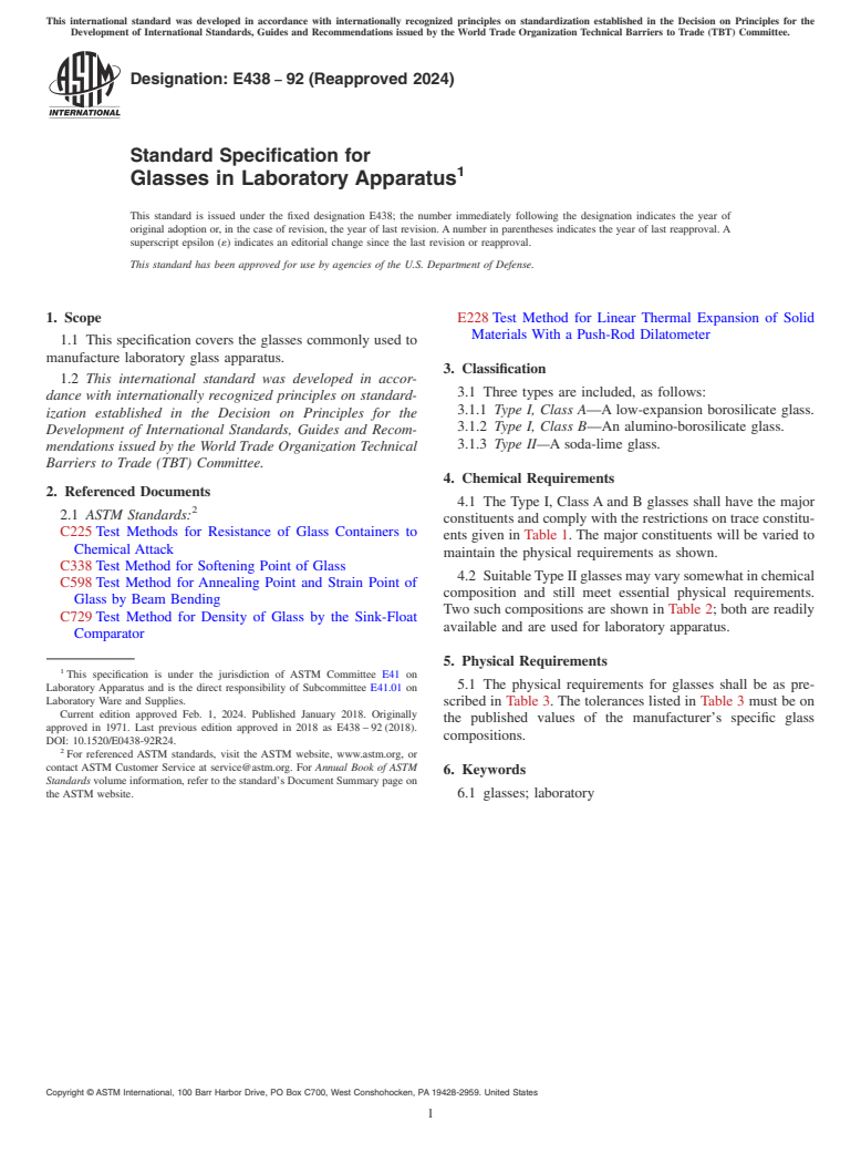 ASTM E438-92(2024) - Standard Specification for  Glasses in Laboratory Apparatus