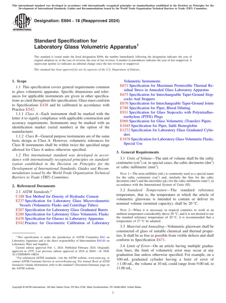 ASTM E694-18(2024) - Standard Specification for  Laboratory Glass Volumetric Apparatus