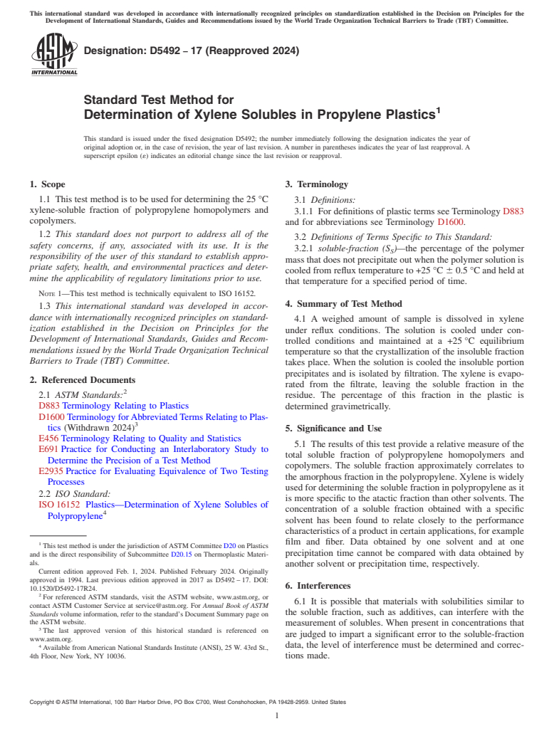 ASTM D5492-17(2024) - Standard Test Method for  Determination of Xylene Solubles in Propylene Plastics