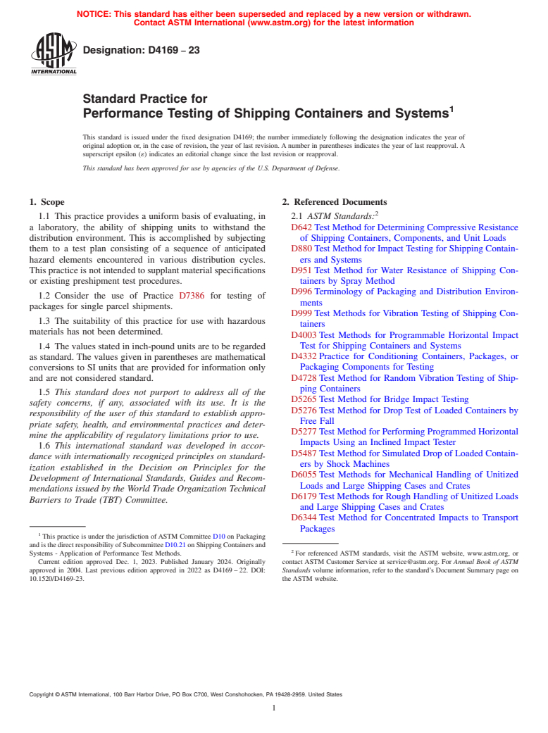 ASTM D4169-23 - Standard Practice for Performance Testing of Shipping Containers and Systems