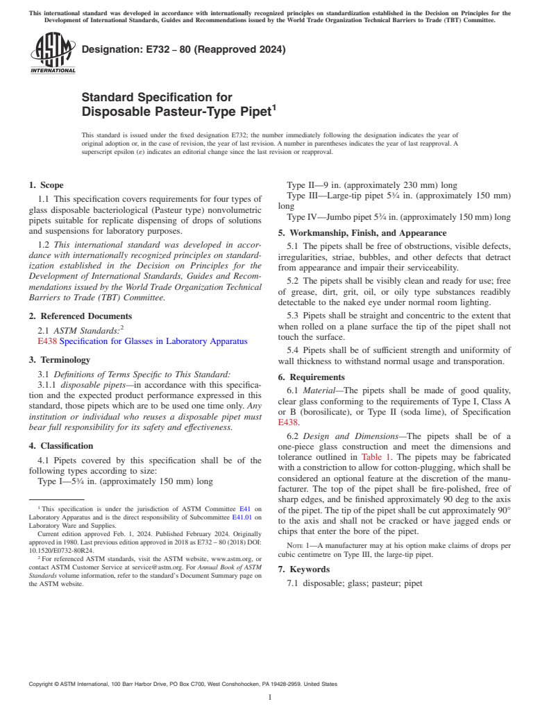 ASTM E732-80(2024) - Standard Specification for  Disposable Pasteur-Type Pipet