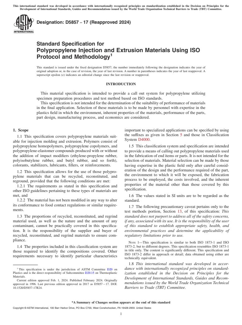 ASTM D5857-17(2024) - Standard Specification for  Polypropylene Injection and Extrusion Materials Using ISO Protocol  and Methodology