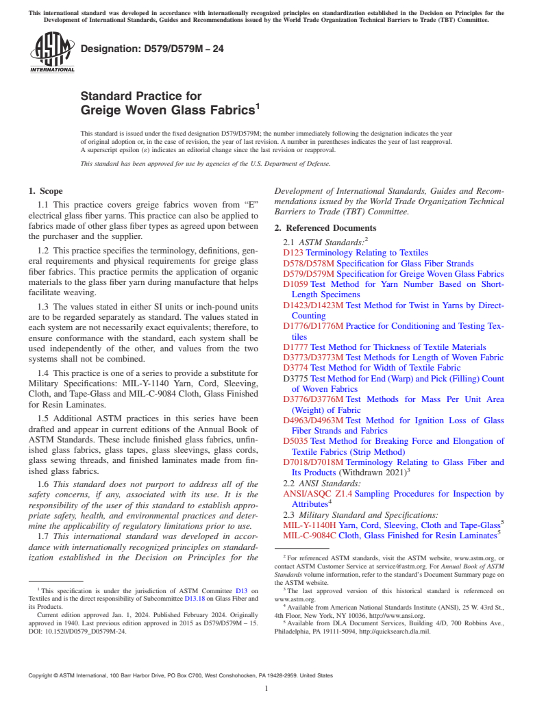 ASTM D579/D579M-24 - Standard Practice for  Greige Woven Glass Fabrics