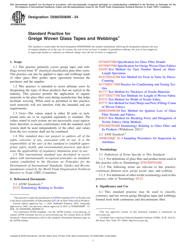 ASTM D580/D580M-24 - Standard Practice for  Greige Woven Glass Tapes and Webbings