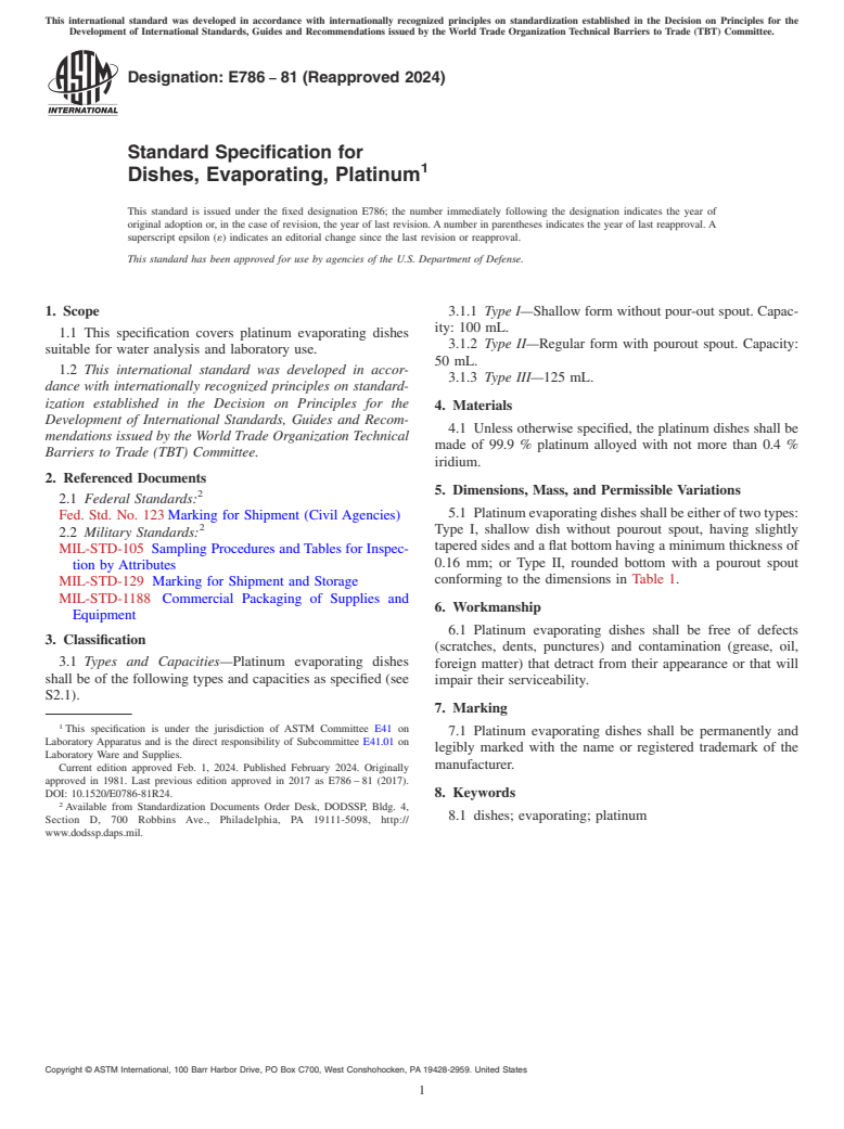 ASTM E786-81(2024) - Standard Specification for  Dishes, Evaporating, Platinum